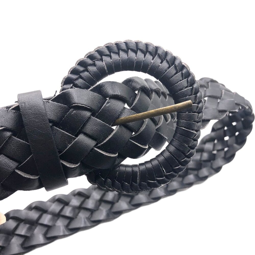 Black Braided Faux Leather Belt | Boho 90s Style | Adjustable 42” | Round Buckle